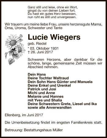 Traueranzeige von Lucie Wiegers von Uelzen