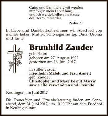 Traueranzeige von Brunhild Zander von Uelzen