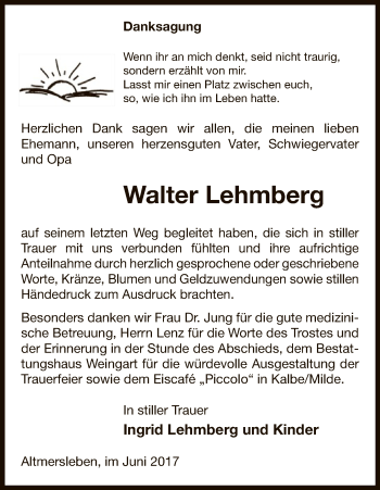 Traueranzeige von Walter Lehmberg von Uelzen