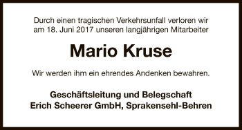 Traueranzeige von Mario Kruse von Uelzen