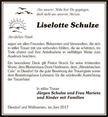 Traueranzeige von Liselotte Schulze von Uelzen