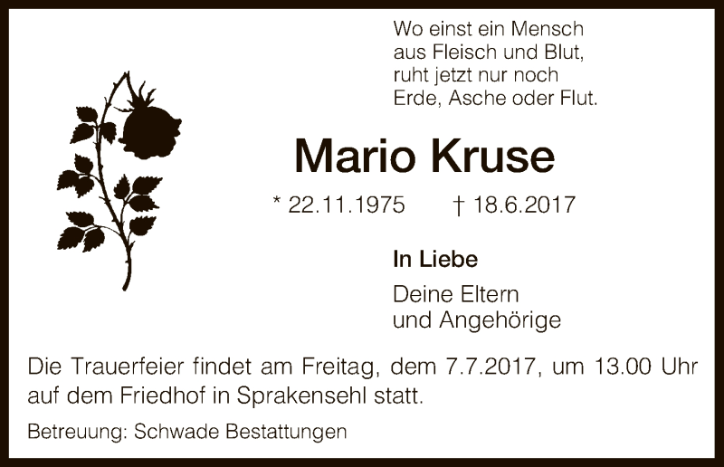  Traueranzeige für Mario Kruse vom 24.06.2017 aus Uelzen