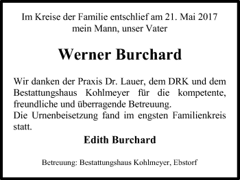 Traueranzeige von Werner Burchard von Allgemeine Zeitung Uelzen