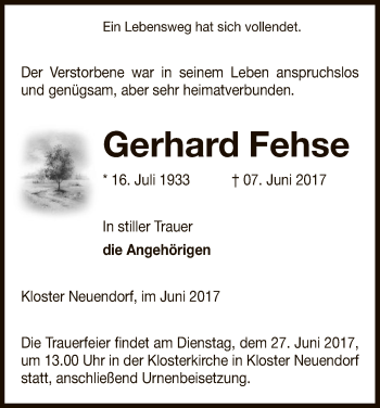 Traueranzeige von Gerhard Fehse von Uelzen