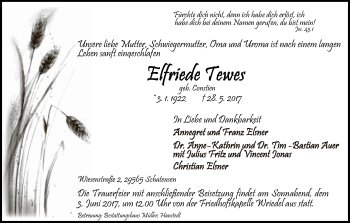 Traueranzeige von Elfriede Tewes von Uelzen