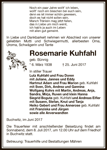 Traueranzeige von Rosemarie Kuhfahl von Uelzen