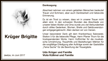 Traueranzeige von Brigitte Krüger von Uelzen