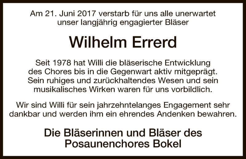  Traueranzeige für Wilhelm Errerd vom 24.06.2017 aus Uelzen