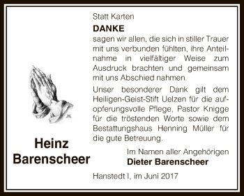 Traueranzeige von Heinz Barenscheer von Uelzen