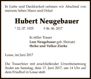 Traueranzeige von Hubert Neugebauer von Uelzen