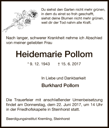 Traueranzeige von Heidemarie Pollom von Uelzen