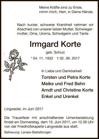 Traueranzeige von Irmgard Korte von Uelzen