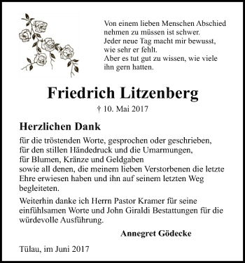 Traueranzeige von Friedrich Litzenberg von Uelzen