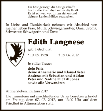 Traueranzeige von Edith Langnese von Uelzen