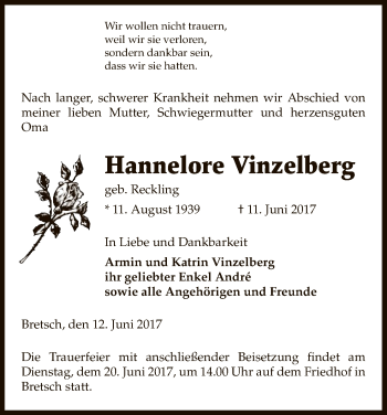 Traueranzeige von Hannelore Vinzelberg von Uelzen