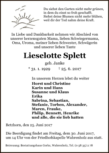 Traueranzeige von Lieselotte Splett von Uelzen