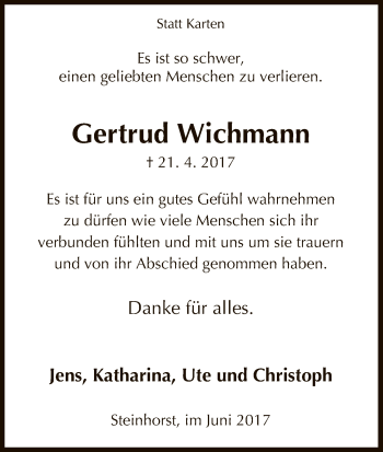 Traueranzeige von Gertrud Wichmann von Uelzen