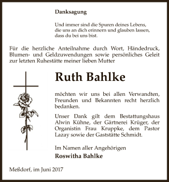 Traueranzeige von Ruth Bahlke von Uelzen