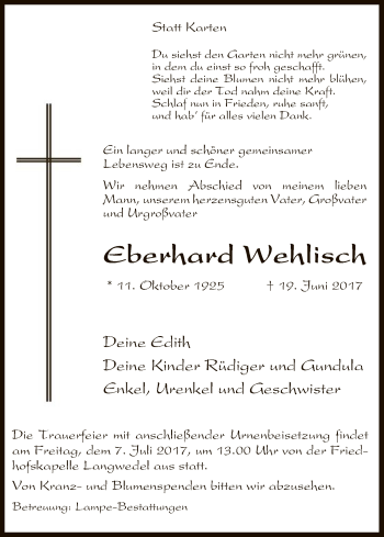 Traueranzeige von Eberhard Wehlisch von Uelzen