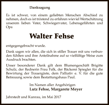 Traueranzeige von Walter Fehse von Uelzen