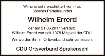 Traueranzeige von Wilhelm Errerd von Uelzen