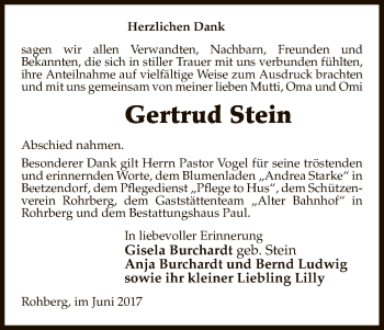 Traueranzeige von Gertrud Stein von Uelzen