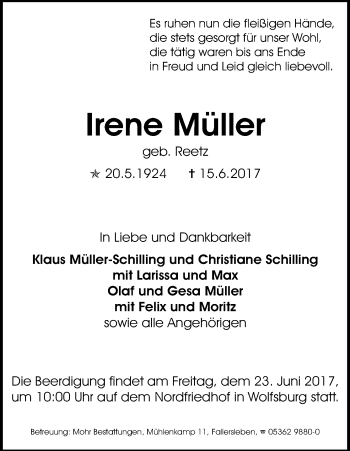 Traueranzeige von Irene Müller von Uelzen