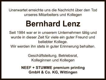 Traueranzeige von Bernhard Lenz von Uelzen