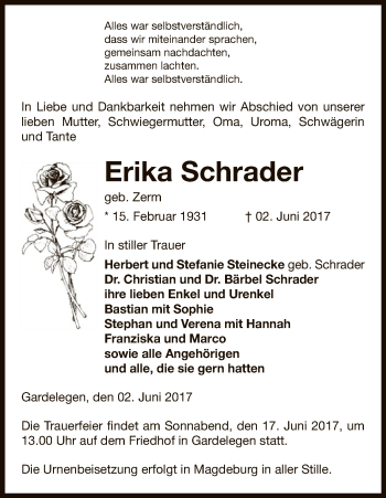 Traueranzeige von Erika Schrader von Uelzen