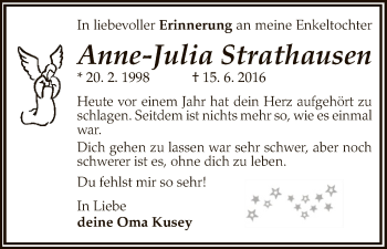 Traueranzeige von Anne-Julia Strathausen von Uelzen