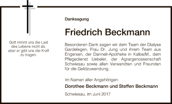 Traueranzeige von Friedrich Beckmann von Uelzen