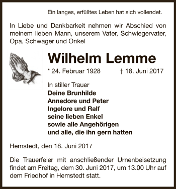 Traueranzeige von Wilhelm Lemme von Uelzen