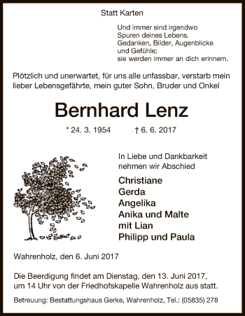 Traueranzeige von Bernhard Lenz von Uelzen