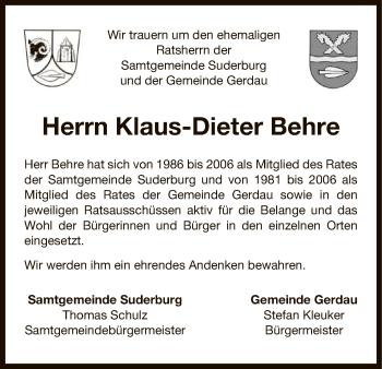 Traueranzeige von Klaus-Dieter Behre von Uelzen