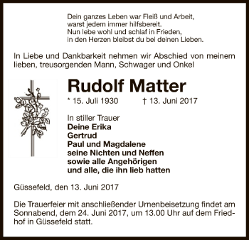 Traueranzeige von Rudolf Matter von Uelzen