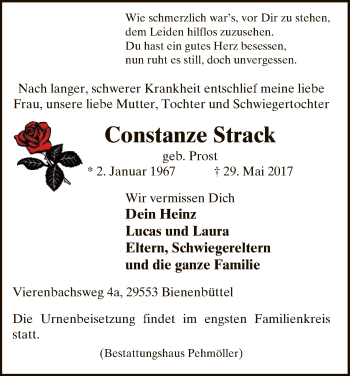 Traueranzeige von Constanze Strack von Uelzen