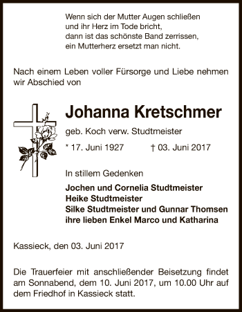 Traueranzeige von Johanna Kretschmer von Uelzen