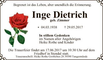 Traueranzeige von Inge Dietrich von Uelzen