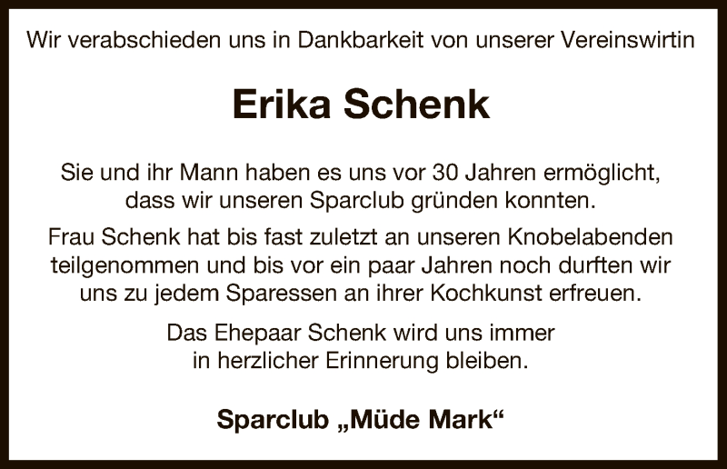  Traueranzeige für Erika Schenk vom 03.06.2017 aus Uelzen