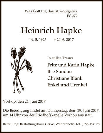 Traueranzeige von Heinrich Hapke von Uelzen