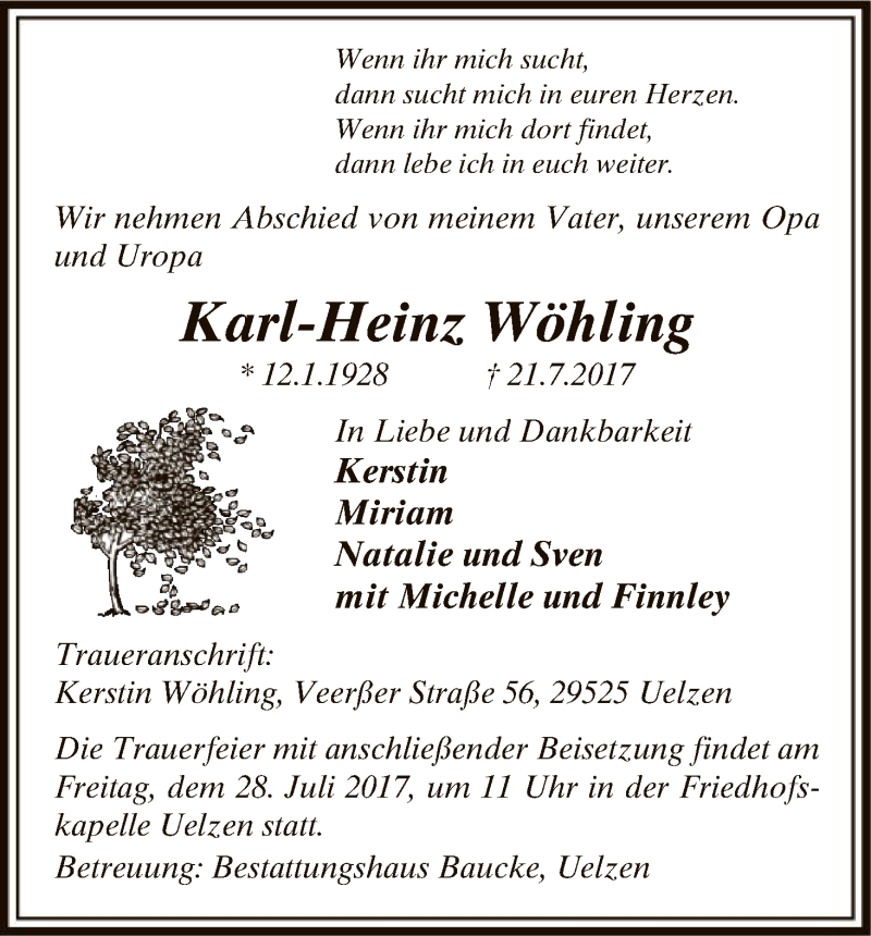  Traueranzeige für Karl-Heinz Wöhling vom 25.07.2017 aus Uelzen