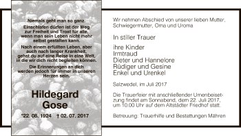 Traueranzeige von Hildegard Gose von Uelzen