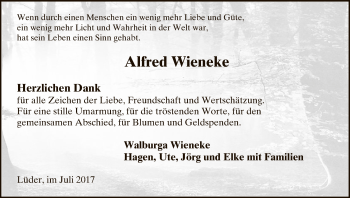 Traueranzeige von Alfred Wieneke von Uelzen