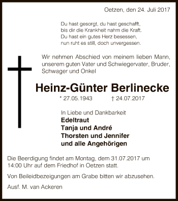 Traueranzeige von Heinz-Günter Berlinecke von Uelzen