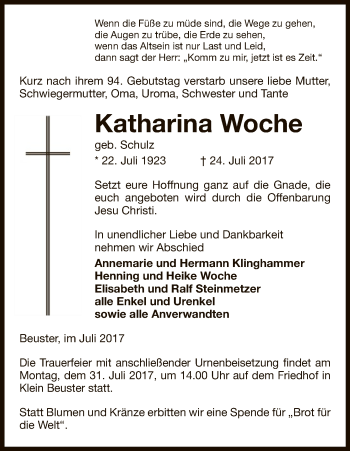 Traueranzeige von Katharina Woche von Uelzen