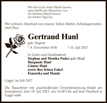 Traueranzeige von Gertraud Hanl von Uelzen