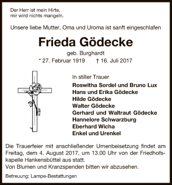 Traueranzeige von Frieda Gödecke von Uelzen