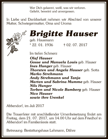 Traueranzeige von Brigitte Hauser von Uelzen