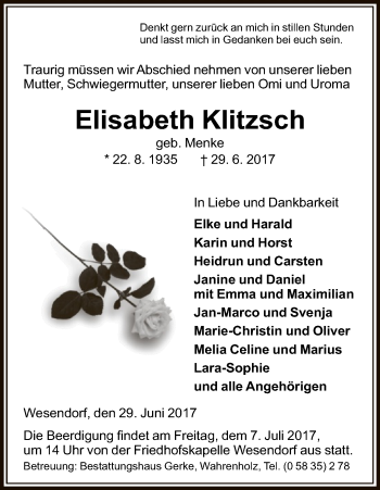 Traueranzeige von Elisabeth Klitzsch von Uelzen