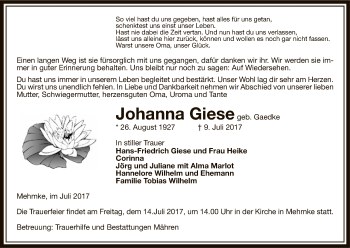 Traueranzeige von Johanna Giese von Uelzen